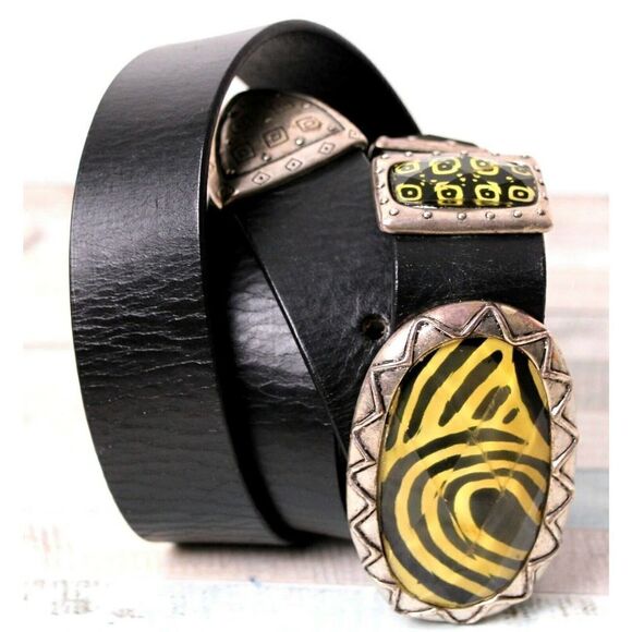 VINTAGE BLACK GENUINE LEATHER 1.25"Wd HOOK BUCKLE CASUAL WOMEN'S BELT Sz M (G74 - Picture 2 of 12